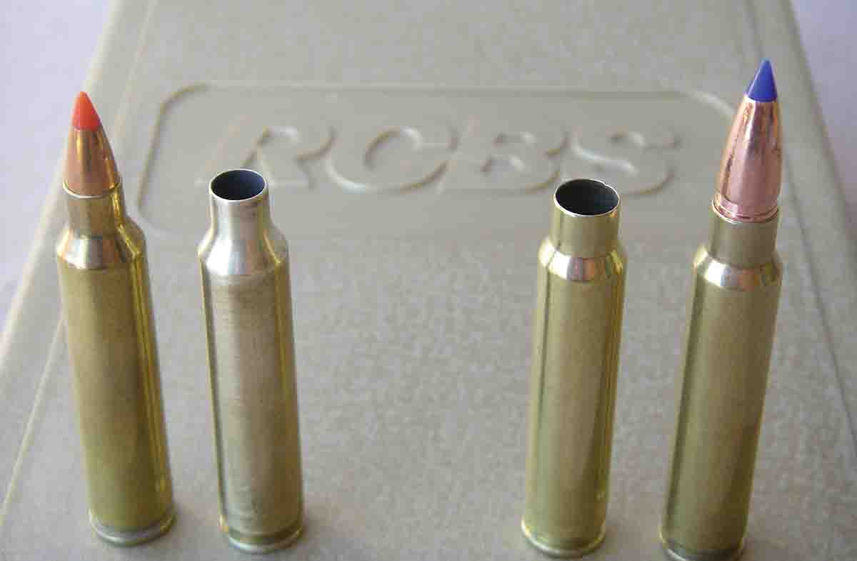The 204 Ruger case is at left and the 6mm-204 RR is at right. The wildcat cases are easily formed in a single neck-up step.